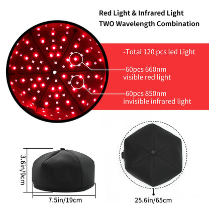 Glow Cap specs: 120 LEDs, 60 red 660nm and 60 near-infrared 850nm, 7.5 in wide, fits up to 25.6 in head circumference